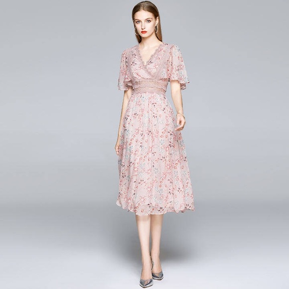 ✨SOLD✨ Lai Meng Five Cats Midi chiffon Dress Pink Flower Floral Elegant V neck - Picture 9 of 10
